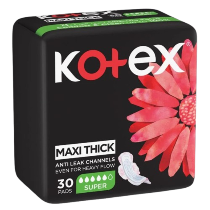 Kotex Maxi Thick Super Sanitary Pads with Wings 30 Pads – Heavy Flow Protection