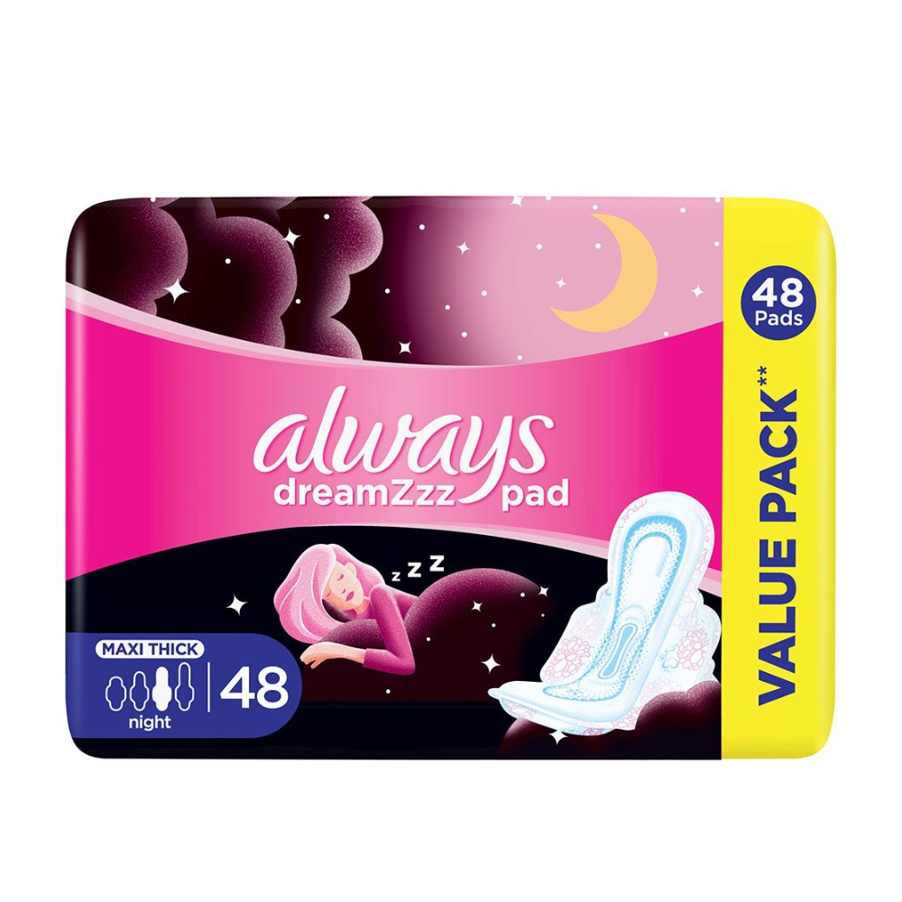 Always Pink Night Sanitary Pads 48 Pads – Overnight Protection with SoftDry Technology – Value Pack