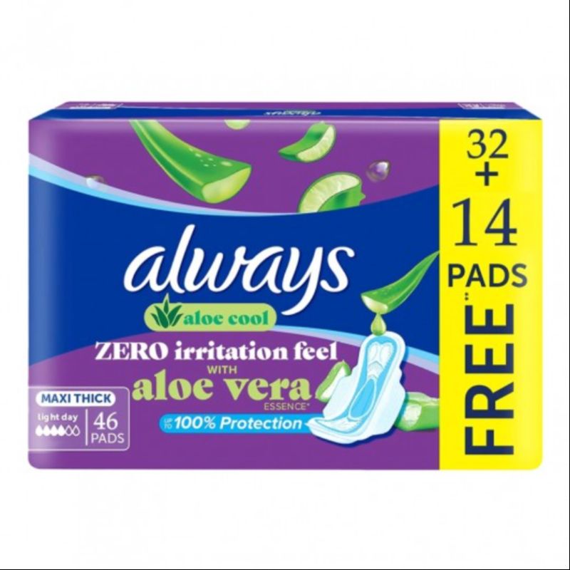 Always Violet Aloe Vera Long Sanitary Pads 32+14 Pads – Combo Pack for All Flow Levels