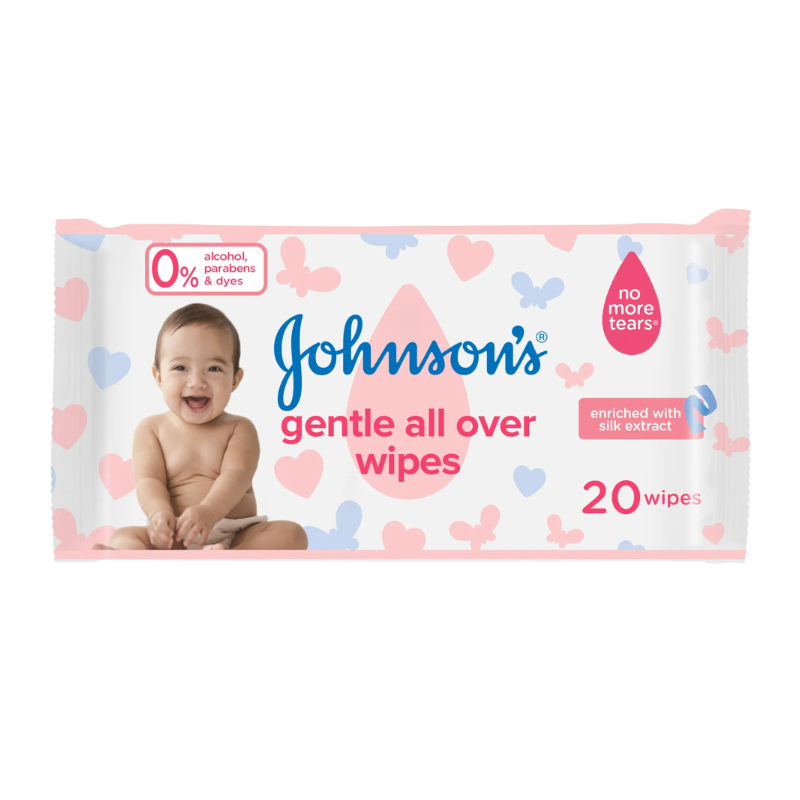 Johnson's Gentle All Over Baby Wipes with Silk Extract 20 Wipes – Soft & Gentle for Newborns