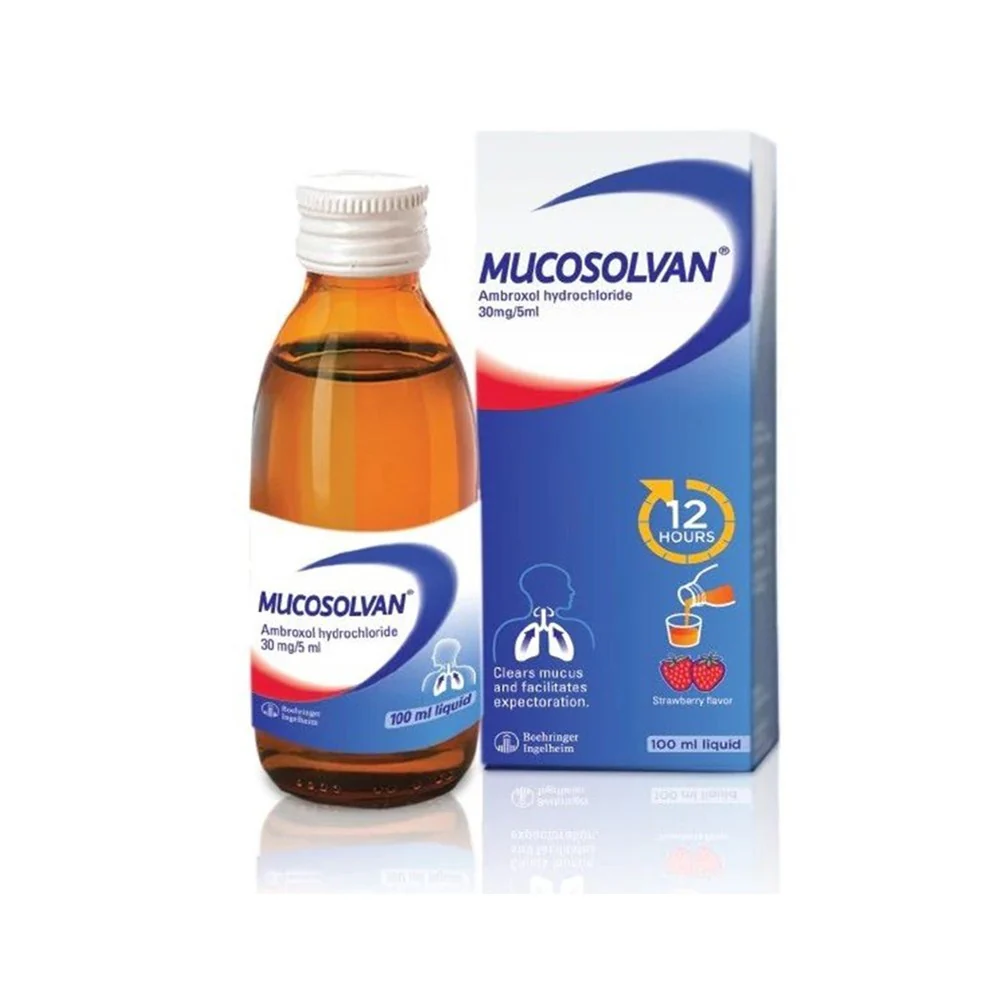 Mucosolvan 30mg/5ml Ambroxol Hydrochloride Cough Syrup Strawberry Flavor, 100ml