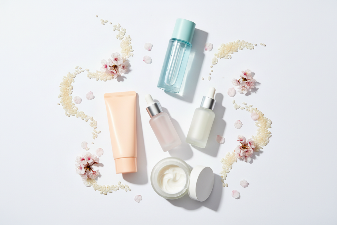 Korean skincare products flat lay for K-beauty guide in Oman