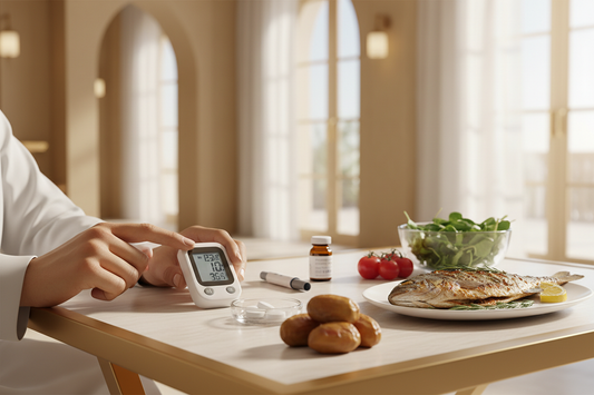 Glucose monitor, medications, and healthy food for diabetes management in Oman