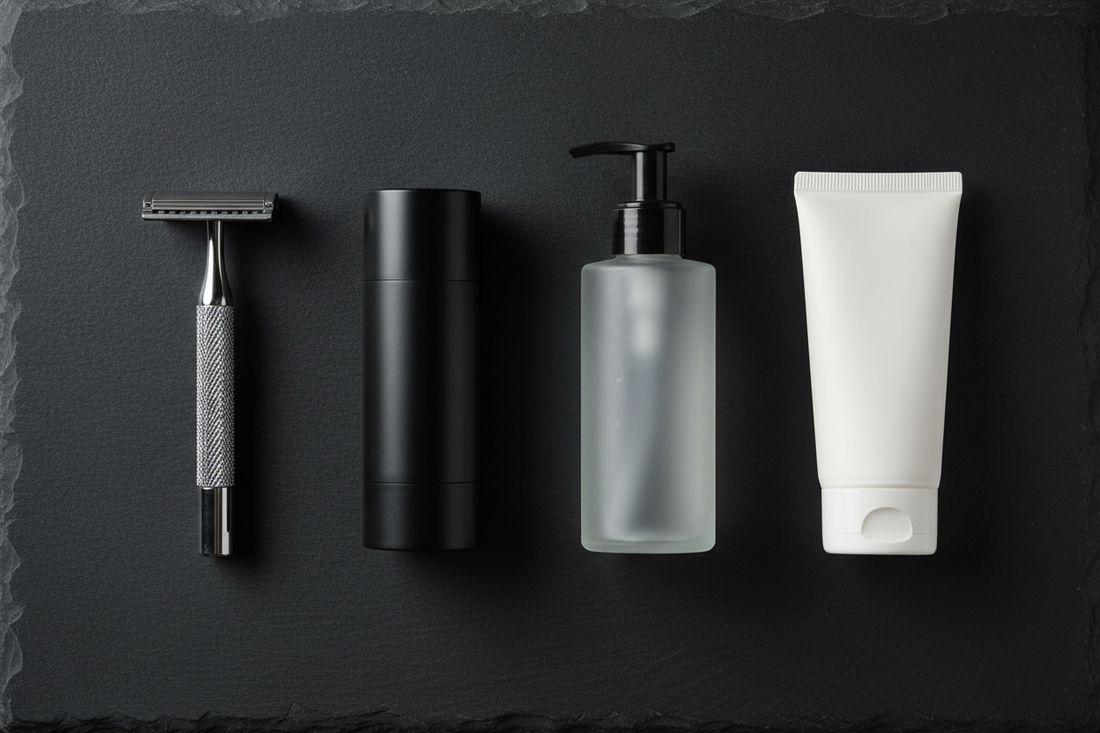 Men's grooming essentials including razor and face wash for Oman's climat