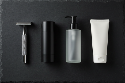 Men's grooming essentials including razor and face wash for Oman's climat