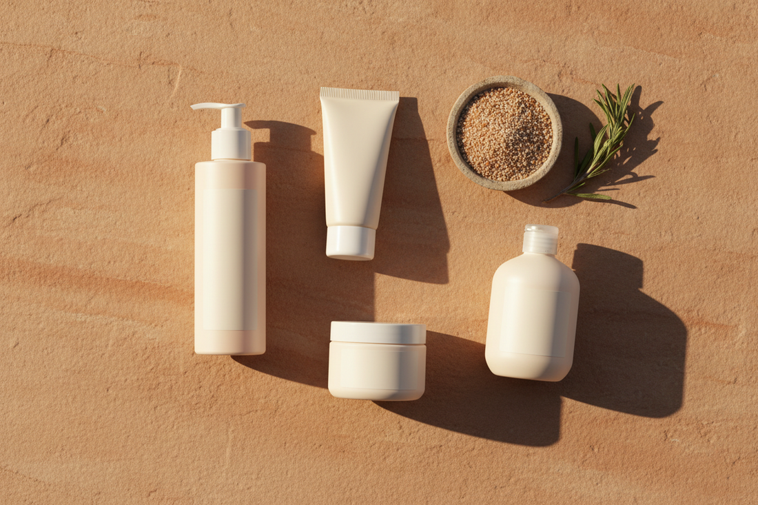 Korean skincare products arranged on sand for Oman's desert climate — Beauty of Joseon guide