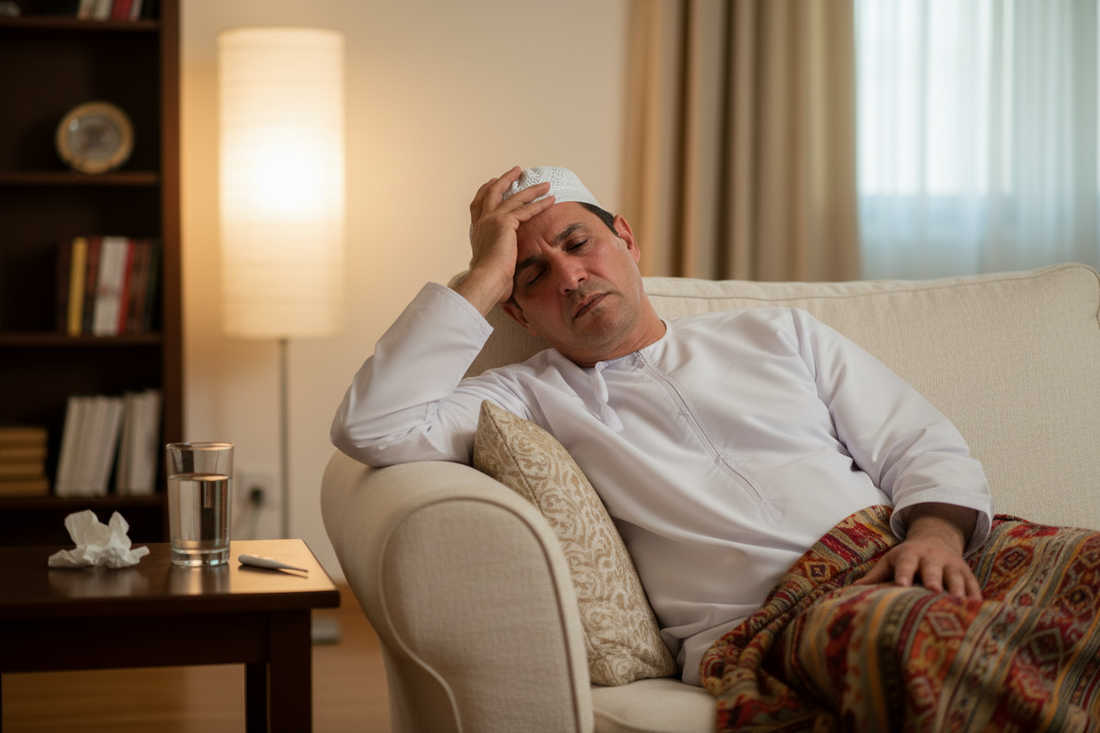 Omani man with a fever, illustrating seasonal flu and fever season in Oman
