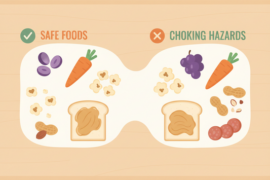 Illustration of everyday foods that are choking hazards for young children, child food safety guide
