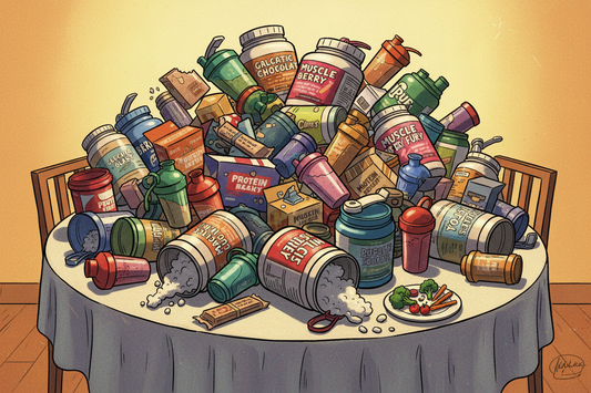 Editorial illustration of protein overload, protein and muscle growth myths vs facts