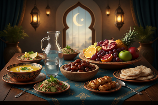 Healthy Iftar table with dates, water, soup and fruits for Ramadan fasting in Oman
