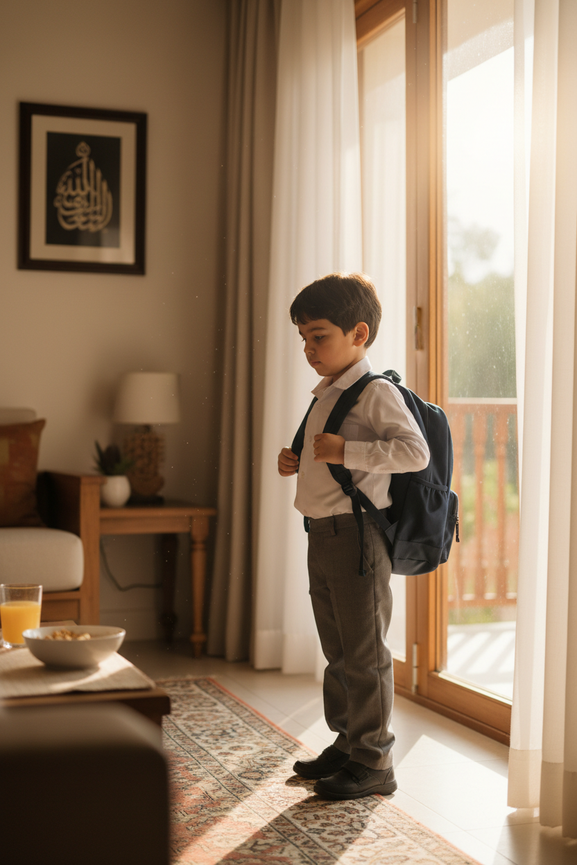 Busy school morning in a Gulf family home, back to school health and skincare guide for kids in Oman