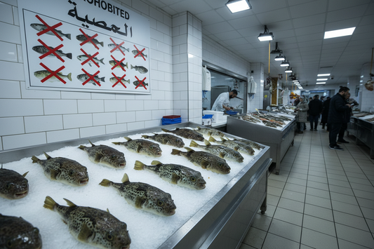 Seafood market display with a pufferfish warning, Oman pufferfish ban news