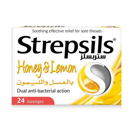 Strepsils Honey and Lemon sore throat relief lozenges pack, a pharmacy remedy for sore throat relief