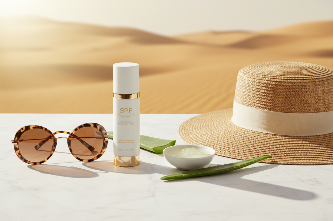 Sunscreen bottle, sunglasses, and hat for sun protection in Oman
