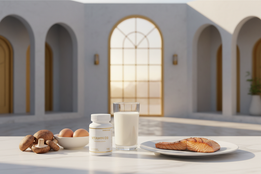 Vitamin D supplements, salmon, eggs and sunlight representing Vitamin D deficiency solutions in Oman