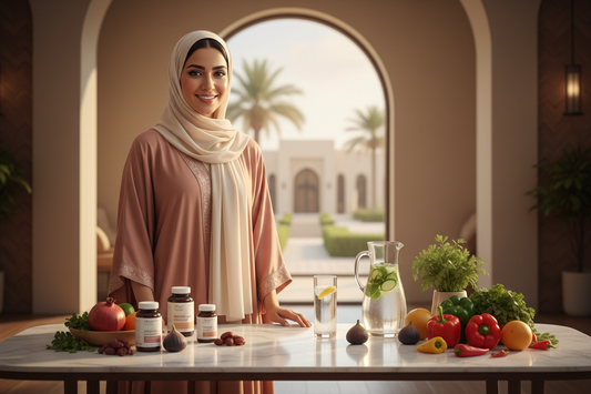 Woman with nutritional supplements representing women's health in Oman