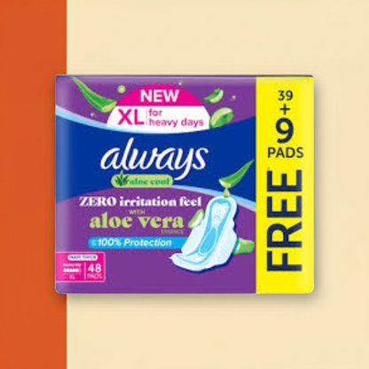 Always Violet Aloe Vera Maxi Thick Sanitary Pads 39+9 Pads – Value Pack with Soothing Aloe Vera