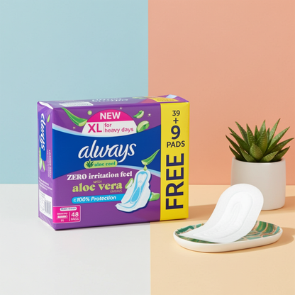 Always Violet Aloe Vera Maxi Thick Sanitary Pads 39+9 Pads – Value Pack with Soothing Aloe Vera