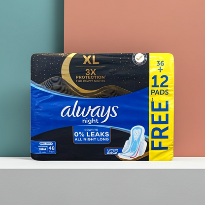 Always Black Night Sanitary Pads 48 Pads – Extra-Long Overnight Protection with Wings – Value Pack