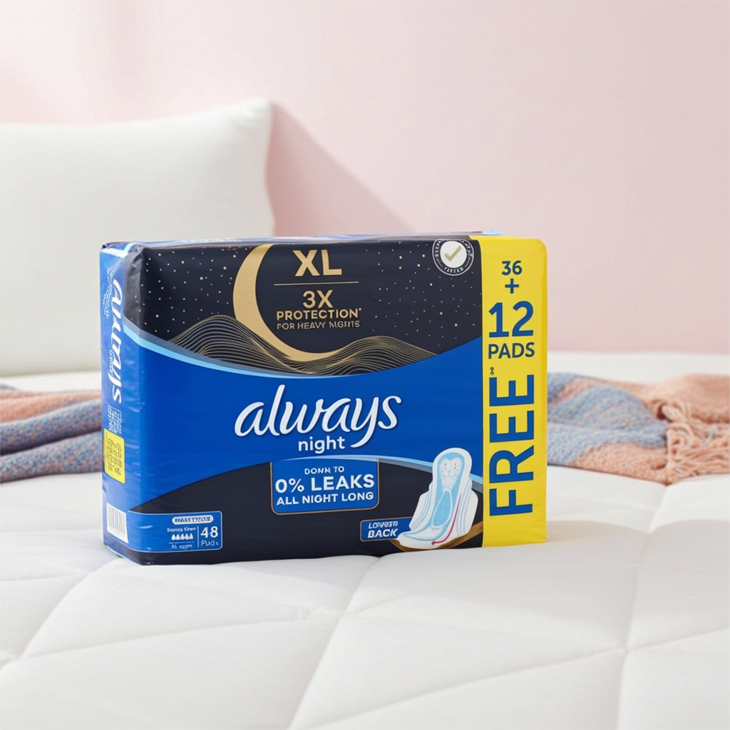 Always Black Night Sanitary Pads 48 Pads – Extra-Long Overnight Protection with Wings – Value Pack