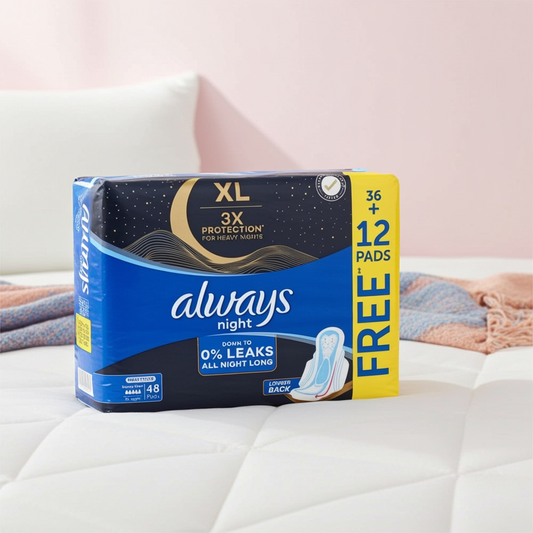 Always Black Night Sanitary Pads 48 Pads – Extra-Long Overnight Protection with Wings – Value Pack