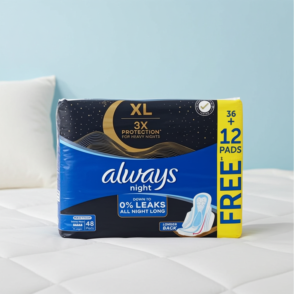 Always Black Night Sanitary Pads 48 Pads – Extra-Long Overnight Protection with Wings – Value Pack
