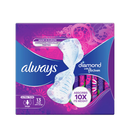 Always Diamond Ultra Thin Sanitary Pads 13 Pads – Premium Protection with Odour Neutraliser