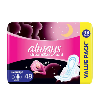 Always Pink Night Sanitary Pads 48 Pads – Overnight Protection with SoftDry Technology – Value Pack