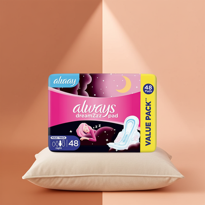 Always Pink Night Sanitary Pads 48 Pads – Overnight Protection with SoftDry Technology – Value Pack