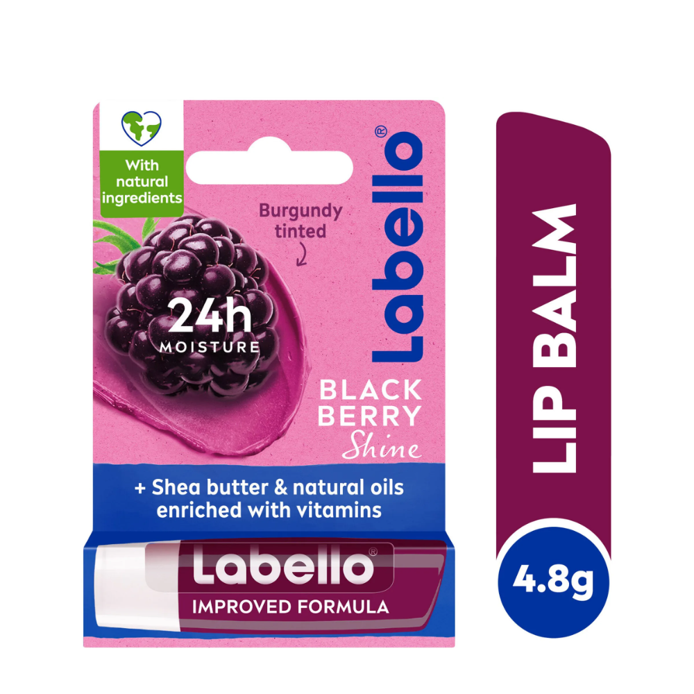 Labello 24h Moisturizing Blackberry Shine Burgundy Tinted Lip Balm With Shea Butter, Natural Oils & Vitamins, 1 Piece