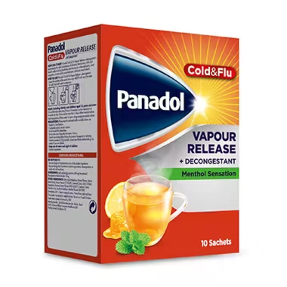 Panadol Honey & Lemon Vapour Release Cold + Flu Sachets, 10 Sachets
