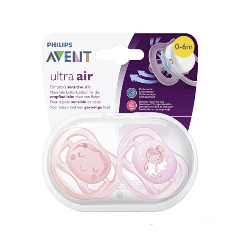 Philips Avent Ultra Air Pink & Purple Orthodontic Soothers (0-6 Months), 2 Pieces