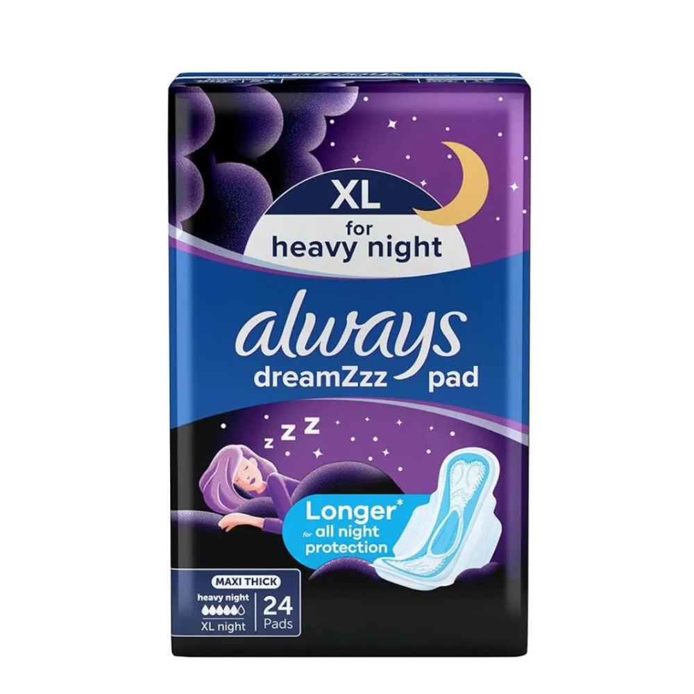 Always Black Night Sanitary Pads 24 Pads – Extra-Long Overnight Protection with Wings